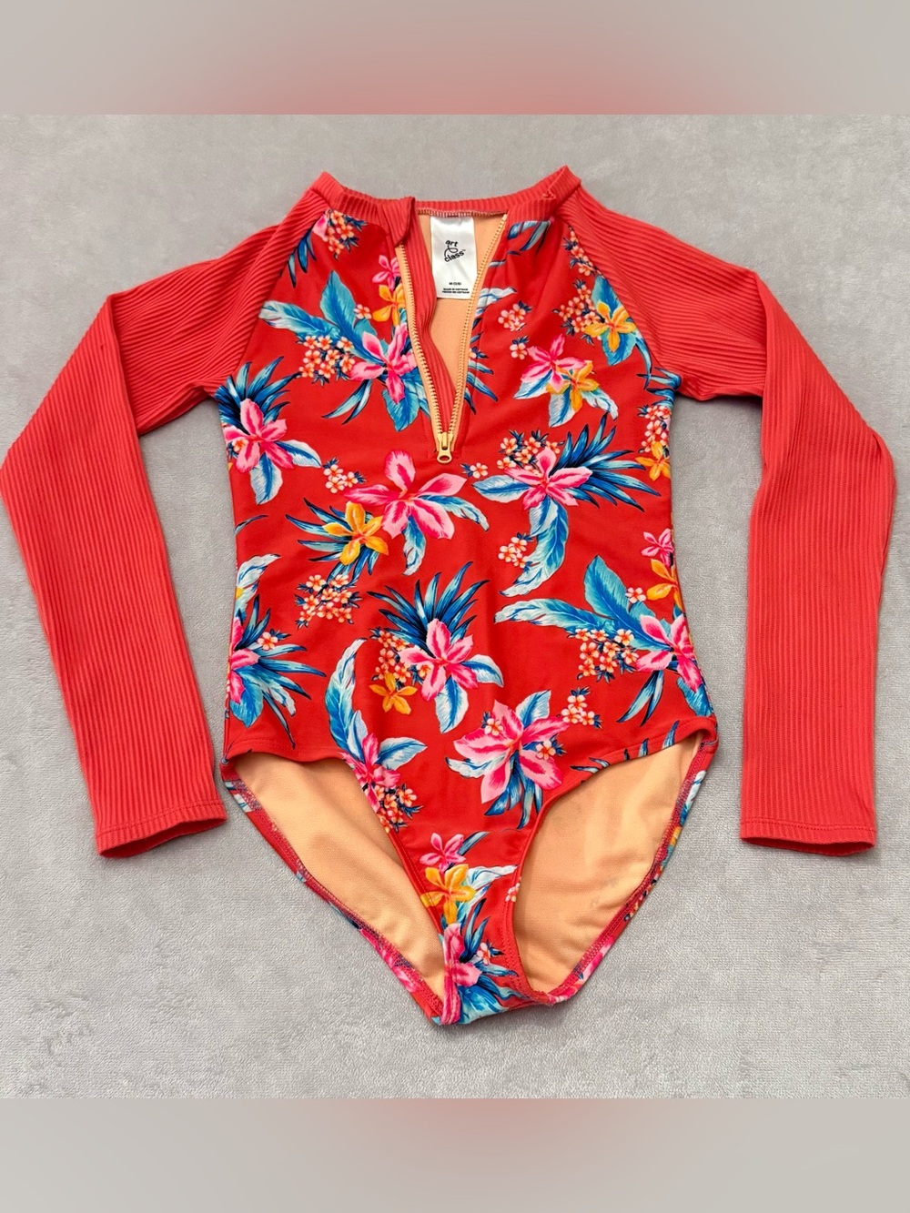 Art Class Girls One Piece Swimsuit Size 7/8 Red Tropical Floral Long Sleeve Zip - Picture 1 of 9